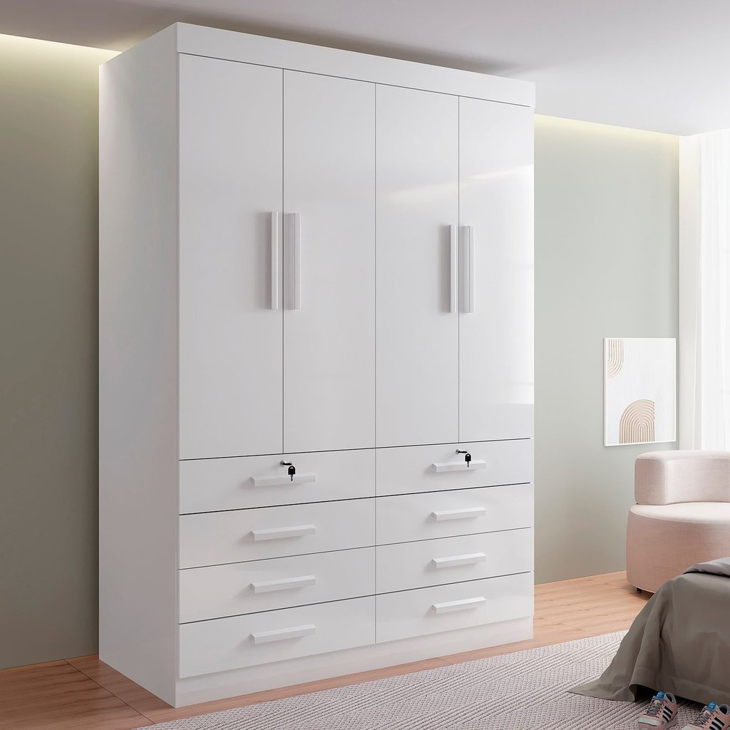 Guarda Roupa Solteiro 4 Portas 8 Gavetas Marselha Plus Branco Branco