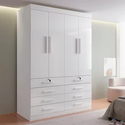 Guarda Roupa Solteiro 4 Portas 8 Gavetas Marselha Plus Branco Branco