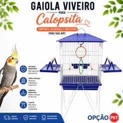 Gaiola Viveiro para calopsita com bandejas laterais + ACESSÓRIO UM JOGO DE ARGOLA COLORIDA mansa teto plástico AZUL