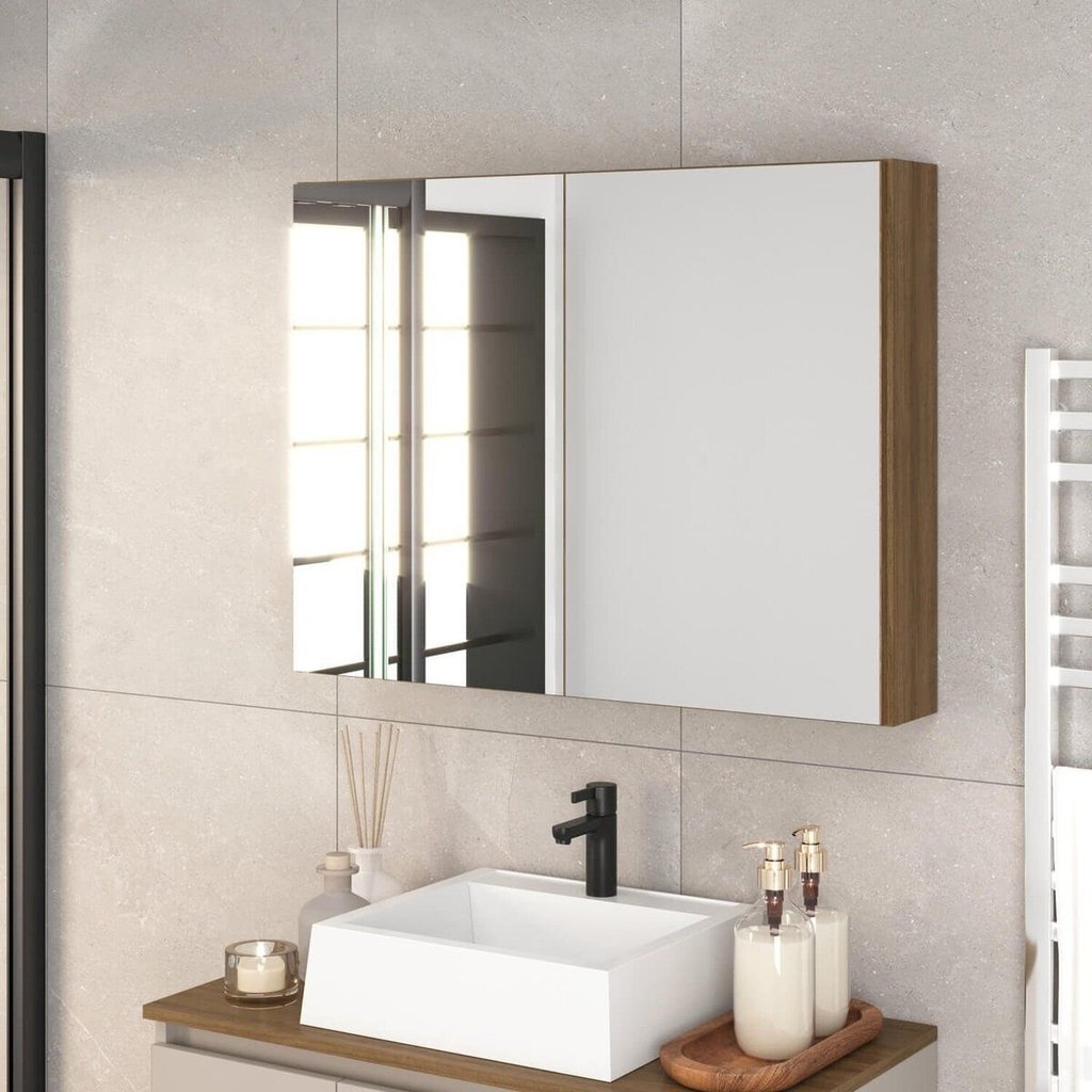 Armário Espelheira para Banheiro 80cm com 2 Portas de Espelho Aurora Marrom/Mel Mel