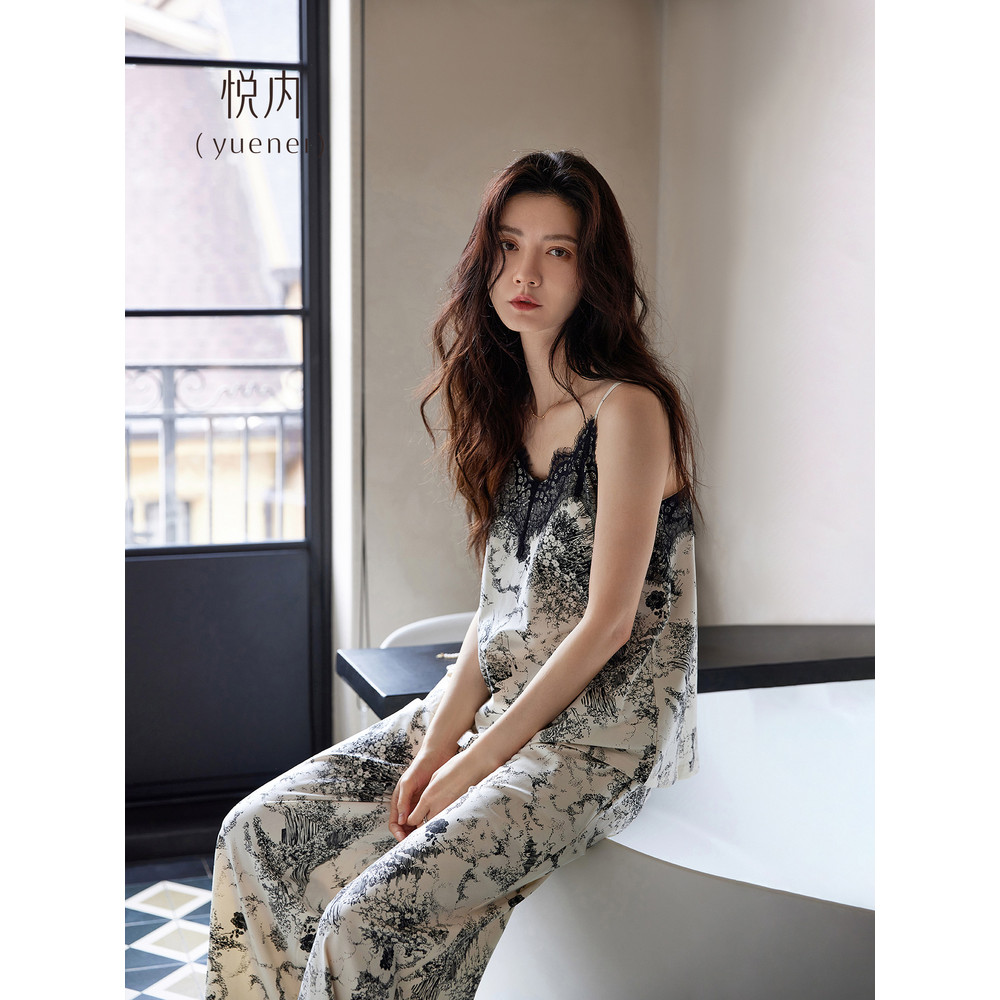 Yue interior com almofada no peito pijamas de uma peça feminino verão Modal suspensórios calças compridas Loungewear ver