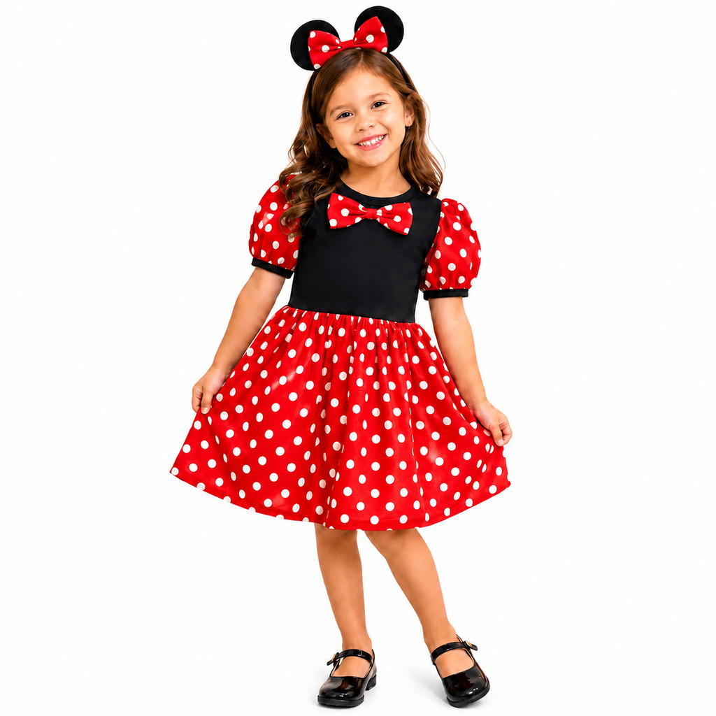 Fantasia Infantil Vestido Minnie Minie vermelha com Arquinho e Tiara