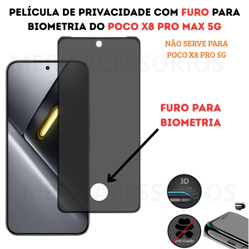 Película de Privacidade Vidro 3D Xiaomi Poco X8 Pro Max 5G - Com Furo Para Biometria
