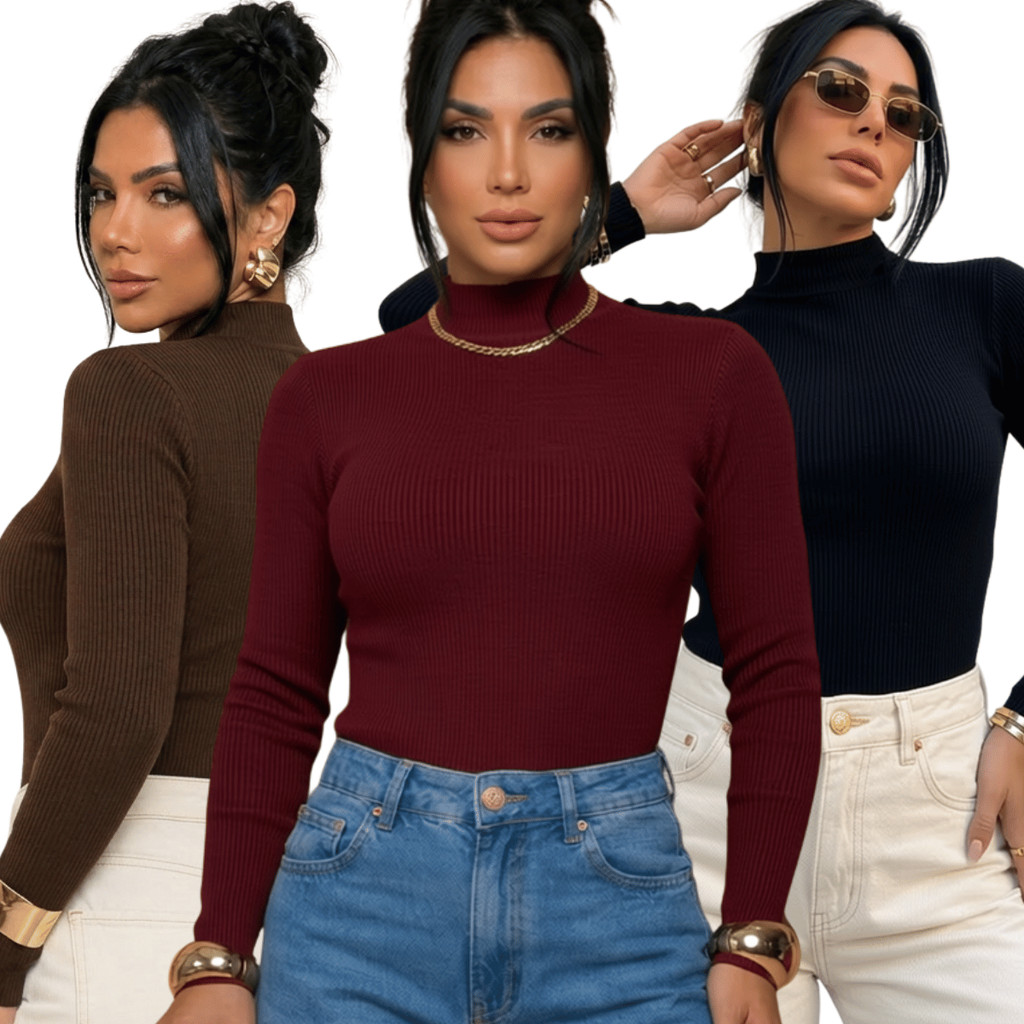 Kit 3 Blusas Femininas Manga Longa Cacharrel Gola Alta Canelada Básica Casual Tecido Confortável Elegante