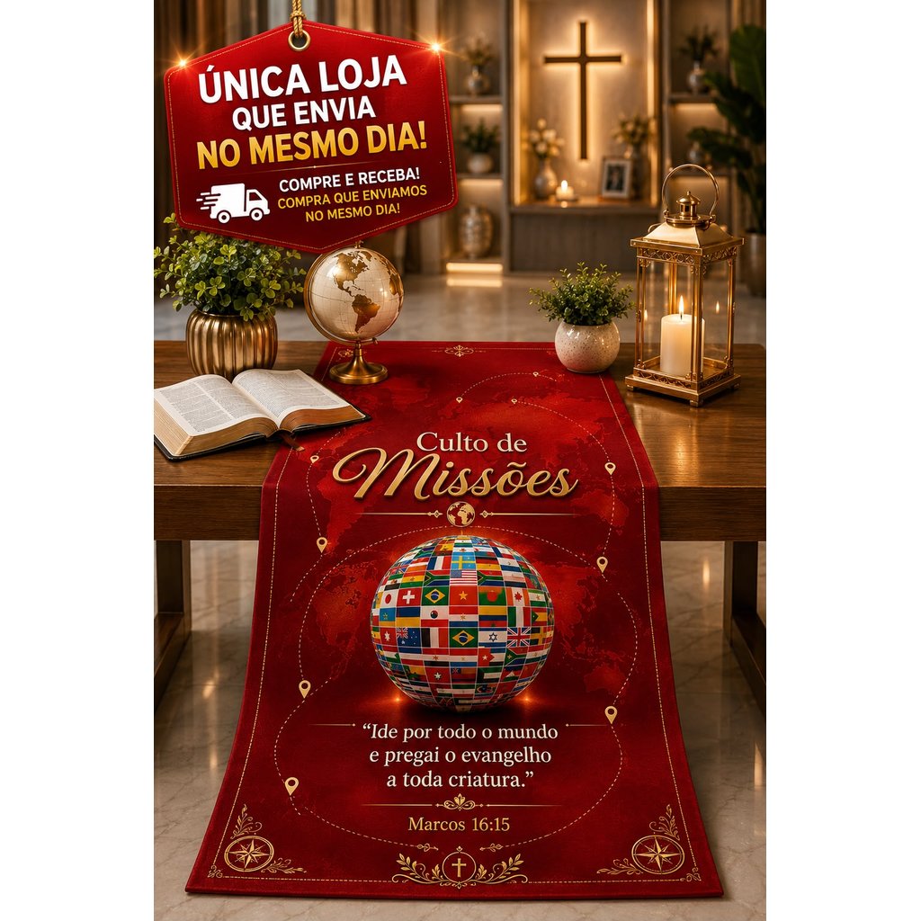 Caminho de Mesa Culto de missoes 1,60x0,60 Decoração Cristã Luxo