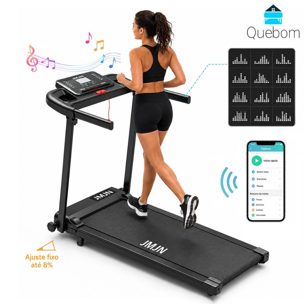 Esteira Ergométrica Elétrica Bluetooth 2.0HP Dobrável Tela LED Inclinação Manual 12km/h