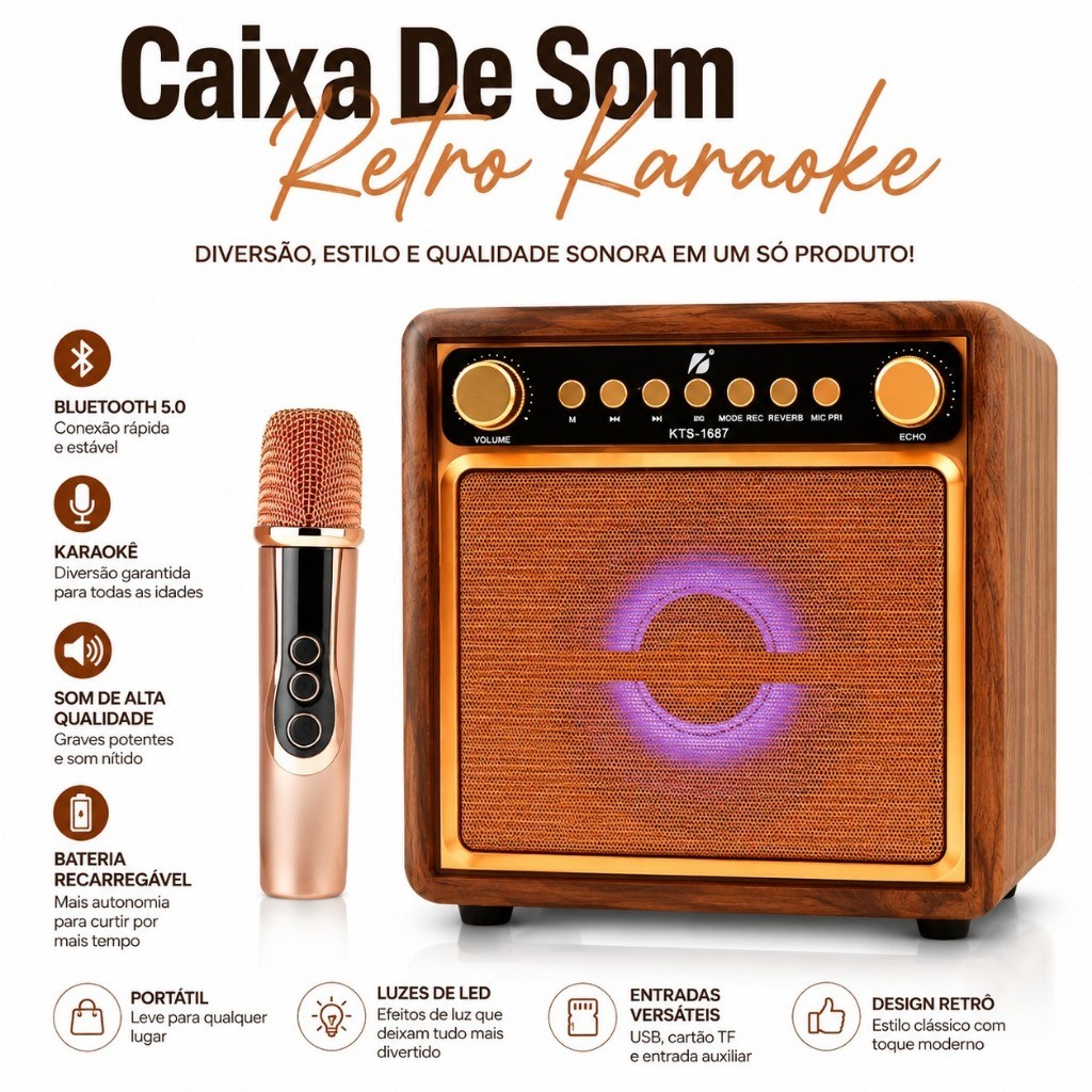 Caixa De Som Bluetooth Retro Karaoke Microfone Sem Fio Portatil USB TF FM 10W