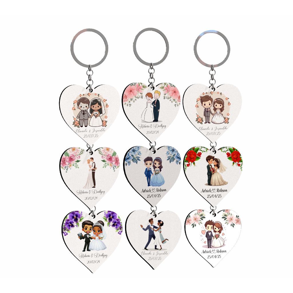 Kit 50 Chaveiros Coração Personalizado Lembrancinha Casamento Casal Noivinhos em MDF