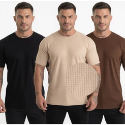 kit 3 Camisetas Texturizadas Casual Básica Reta