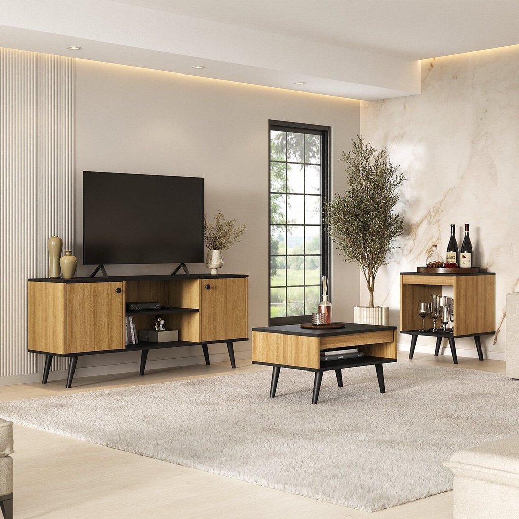 Kit 3 Peças com Rack para TV até 55 Polegadas, Mesa de Centro e Mesa de Apoio Tó