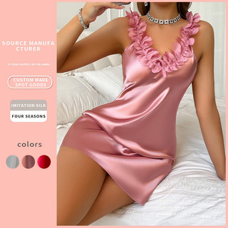 Camisola sensual de seda sintética, camisola de dormir de seda gelada, camisola de noite.