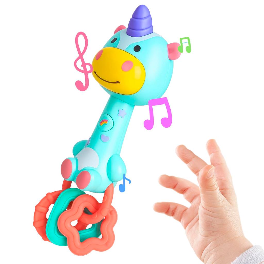 Brinquedo Musical de Chocalho para Bebê em Forma de Unicórnio, 6-12-18 Meses, Mordedor Iluminado e de Borracha Sensorial