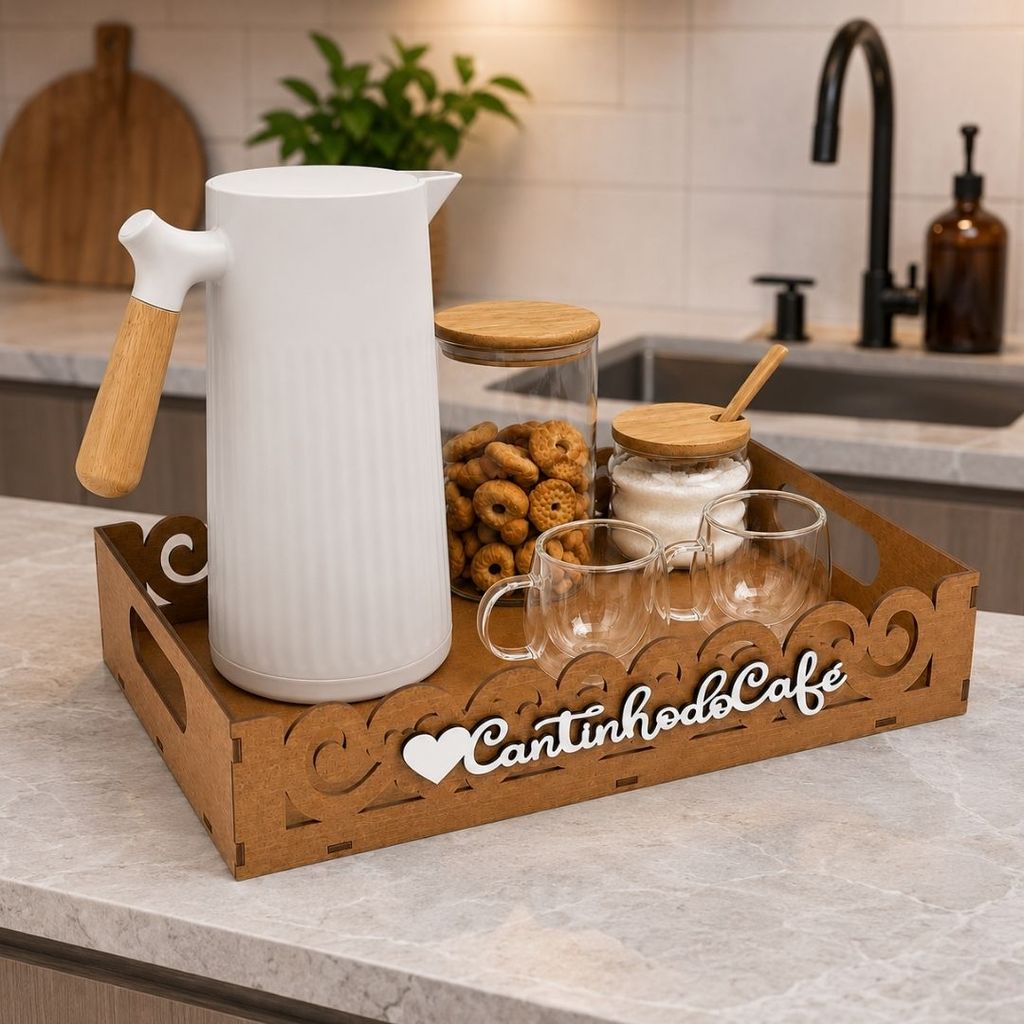 Bandeja Decorativa Cantinho do Café Provençal Para Espaço Café Com 4 Apliques Conjunto Completo Casa