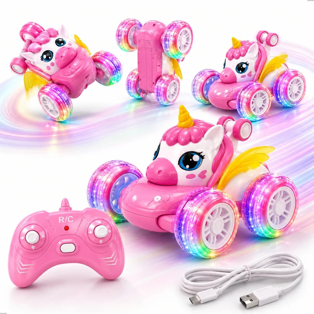 Carrinho de Controle Remoto Unicórnio Recarregável Luzes Coloridas Brinquedo Menina Carro Elétrico Infantil