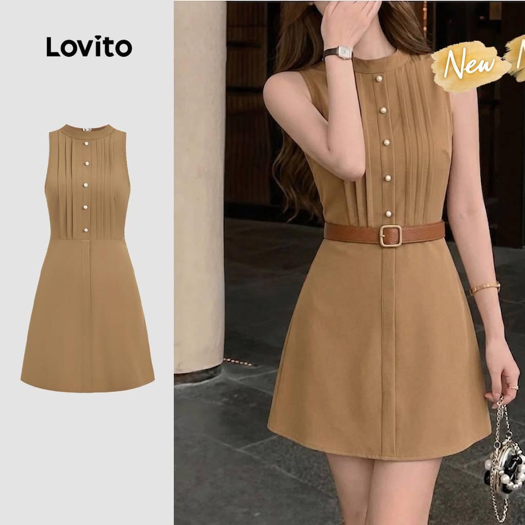 (New Arrival) Lovito Vestido Casual de Botão Plicado com Zíper Vestido Caqui Pri