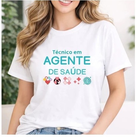 Camiseta Feminina Agente de Saúde T-shirts Algodão Premium Profissão Confortável Manga Curta Uniforme Curso Personalizad