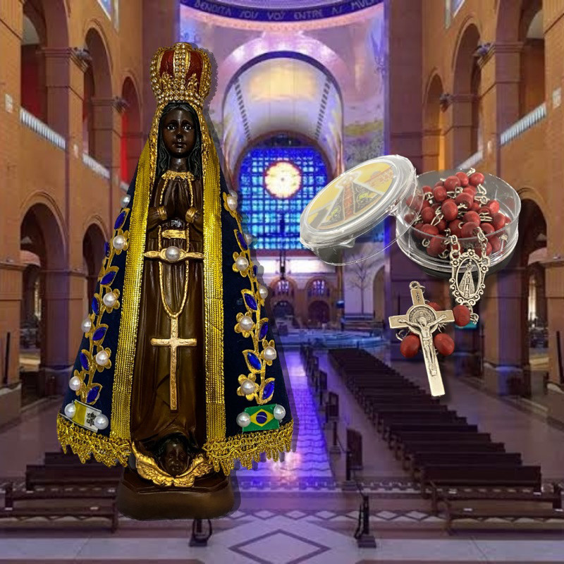 Imagem Nossa Senhora Aparecida Resina e Gesso 32cm + Terço Perfumado Nossa Senhora Aparecida - Kit especial