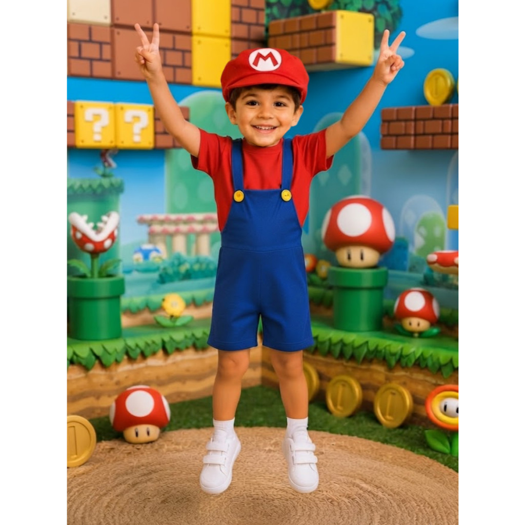 Fantasia Infantil Mario Bros Acompanha Jardineira Camiseta e Boina Roupa Leve e Confortável Meninos Conjunto Diversão