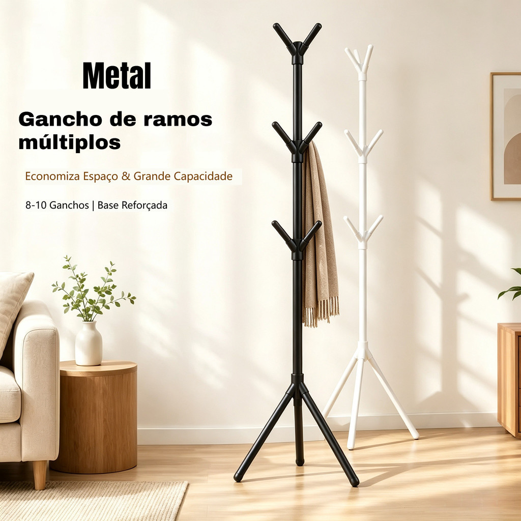 Cabideiro de Chão em Metal, Suporte para Roupas com Ganchos, Base Reforçada, Organizador para Sala e Entrada