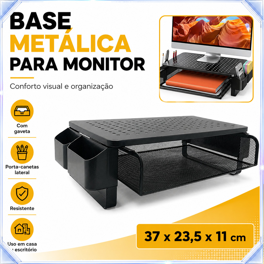 Suporte Elevador de Monitor de Ferro com Gaveta, Capacidade 20kg