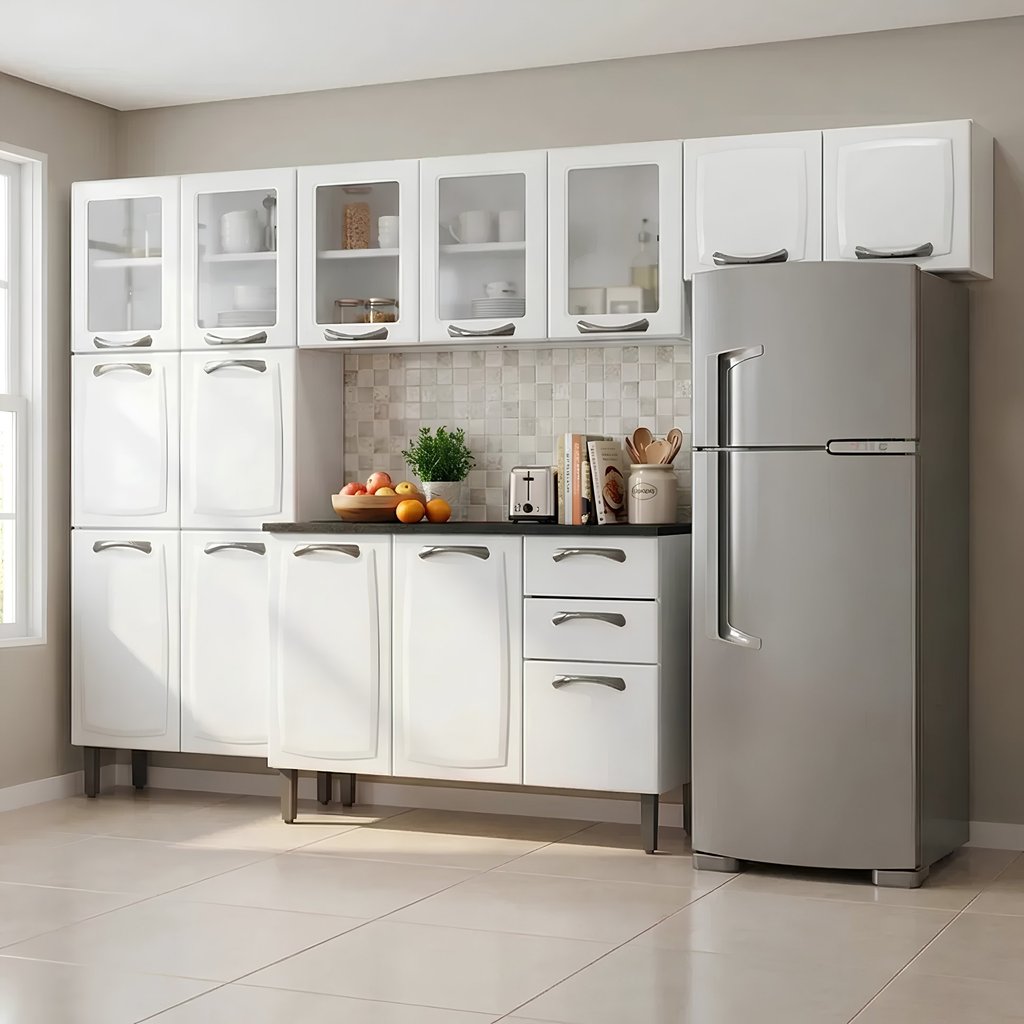 Cozinha Completa Modulada em Aço 4 Peças com Paneleiro e Balcão com Tampo New Premium Itatiaia Branco Branco