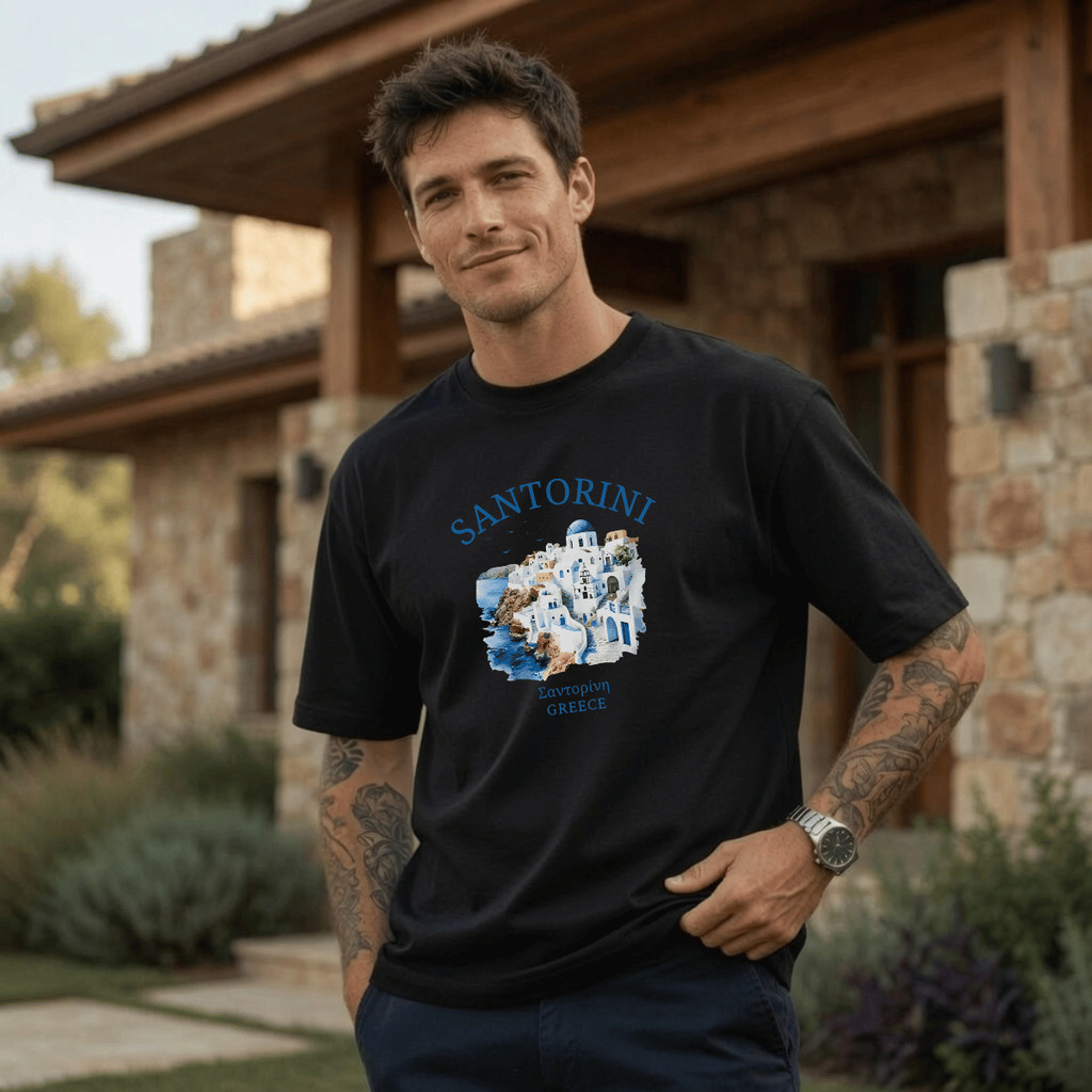 Camiseta Masculina Estampada Santorini Grece 100% Algodão Premium Camisa Blusa Homem Academia Confortavel Plus Size