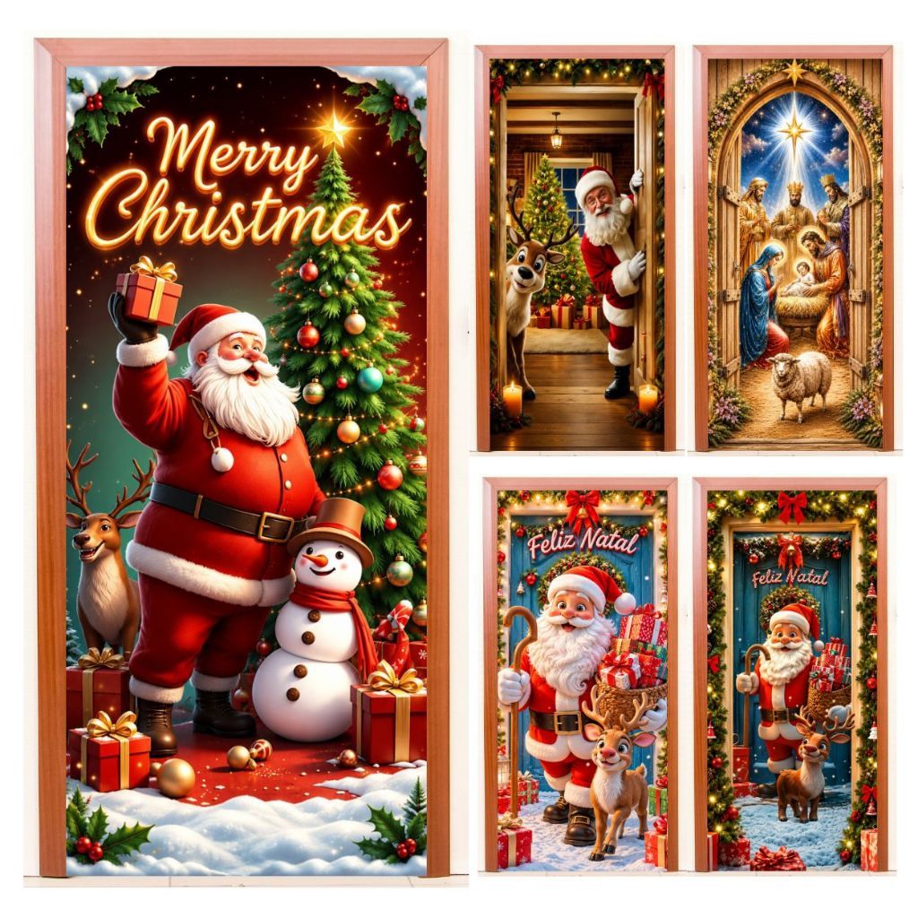 Capa para Porta de Natal – Tecido Sublimado 0,85×2,10m – Tema Papai Noel