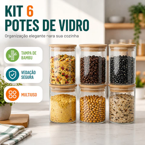 Kit 6 Potes Para Tempero Vidro 250ml Hermético Tampa de Bambu Transparente