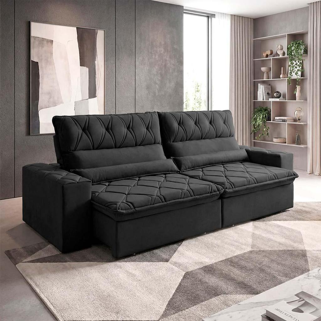 Sofá Retrátil/Reclinável França 2,30m Suede Velut Preto c/ Molas no Assento - King House