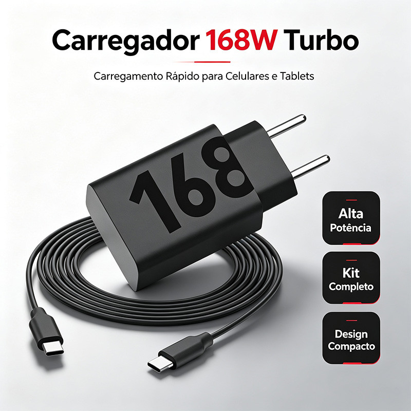 Carregador Super Rápido Turbo 168w Fonte Tipo C para celular com Todos Celulares Type-C Seguro