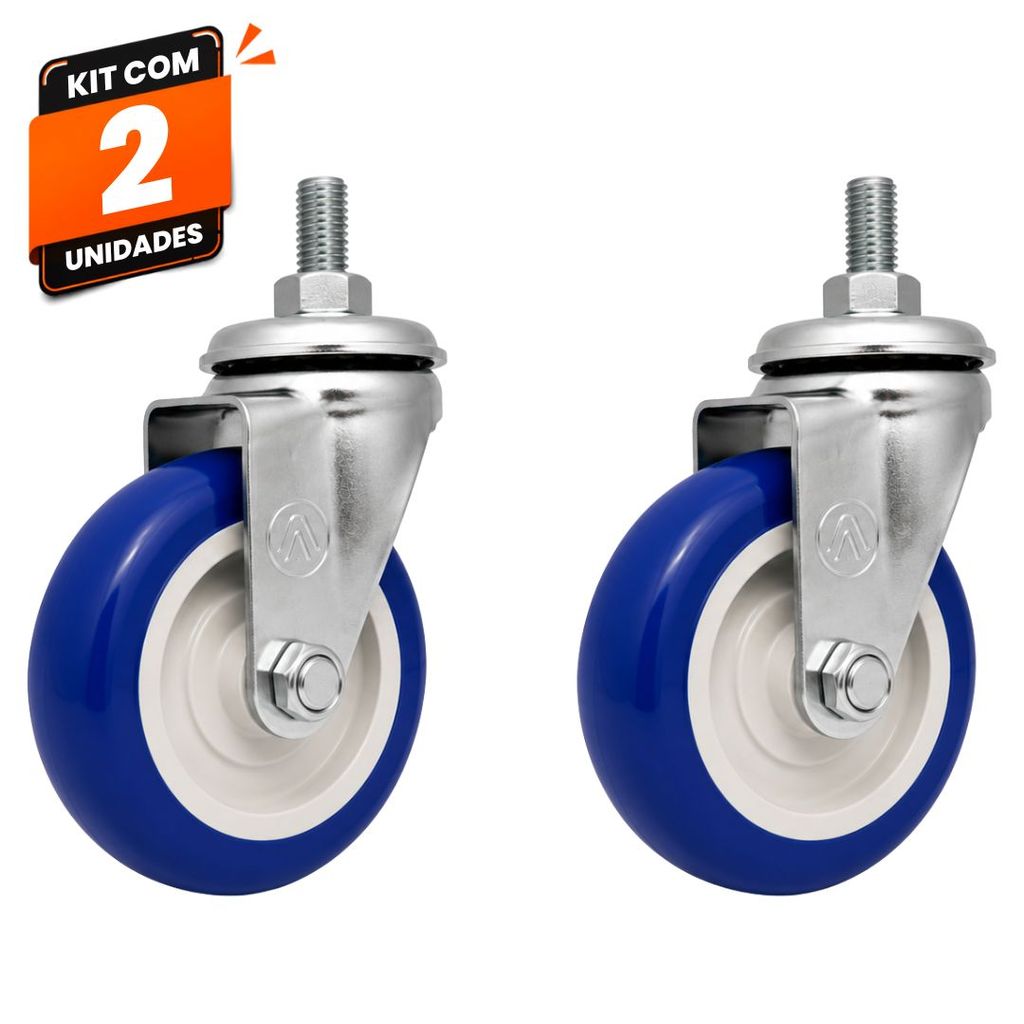 Kit 2 Rodas Rodinhas Giratórios Carrinho Supermercado Mercado Ajax Rosca 3" PVC Azul 80kg Alta Resistência para Comércio