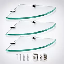 Kit 3 Prateleiras de Vidro 20x20cm 6mm com Suporte Metálico para Banheiro e Lavanderia