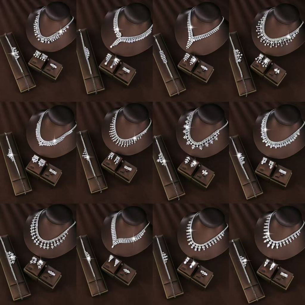 Novo conjunto de noiva de quatro peças com zircônia microincrustada em cobre, acessórios de casamento: colar, brincos, p