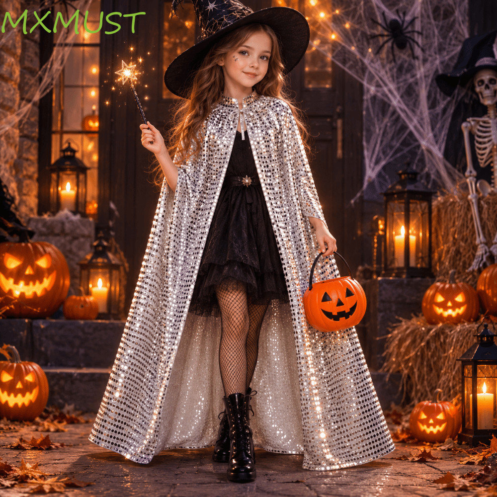 MXMUST Capa De Lantejoulas Brilhante , Roupão De Cosplay De Halloween Com Gola Longa , Leve Vintage Fantasia