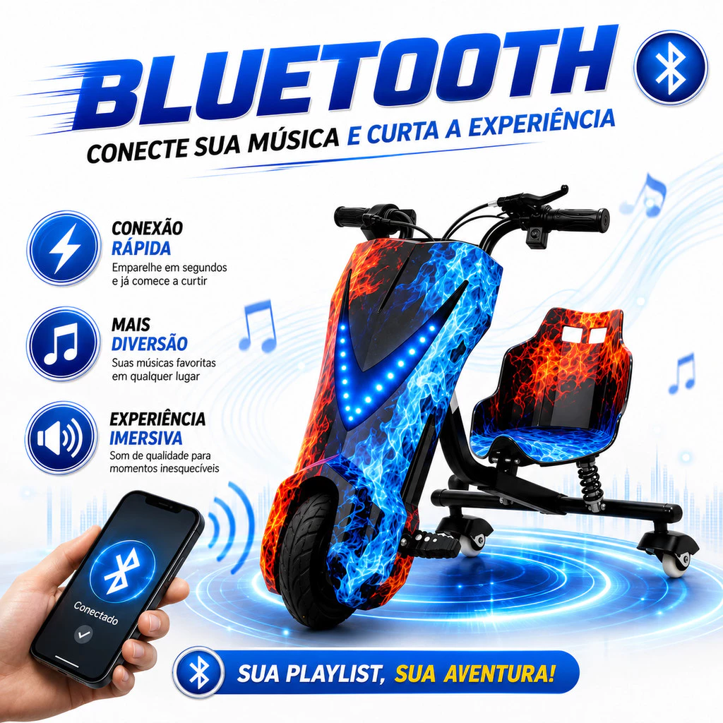 Triciclo Drift Elétrico 350W 36V Infantil e Adulto Bluetooth LED 3 Velocidades Molas Traseiras Até 130kg — imagem 1