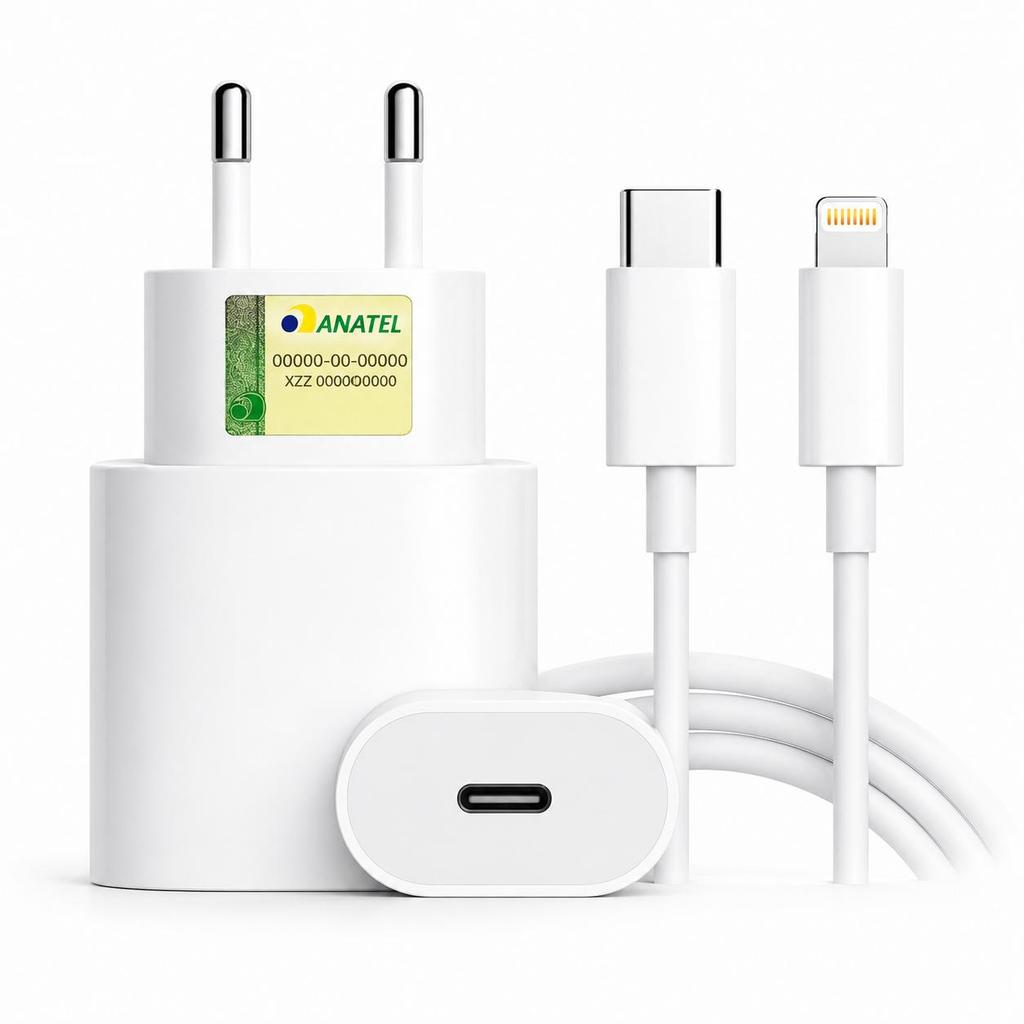 Carregador iPhone Lightning USB-C Fonte 20W Carregamento Rápido Seguro Compatível iPhone Até Modelo 14