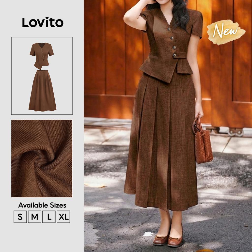 (New Arrival) Lovito Tops ou Bottoms Casuais com Pregas Irregulares e Botão Marr