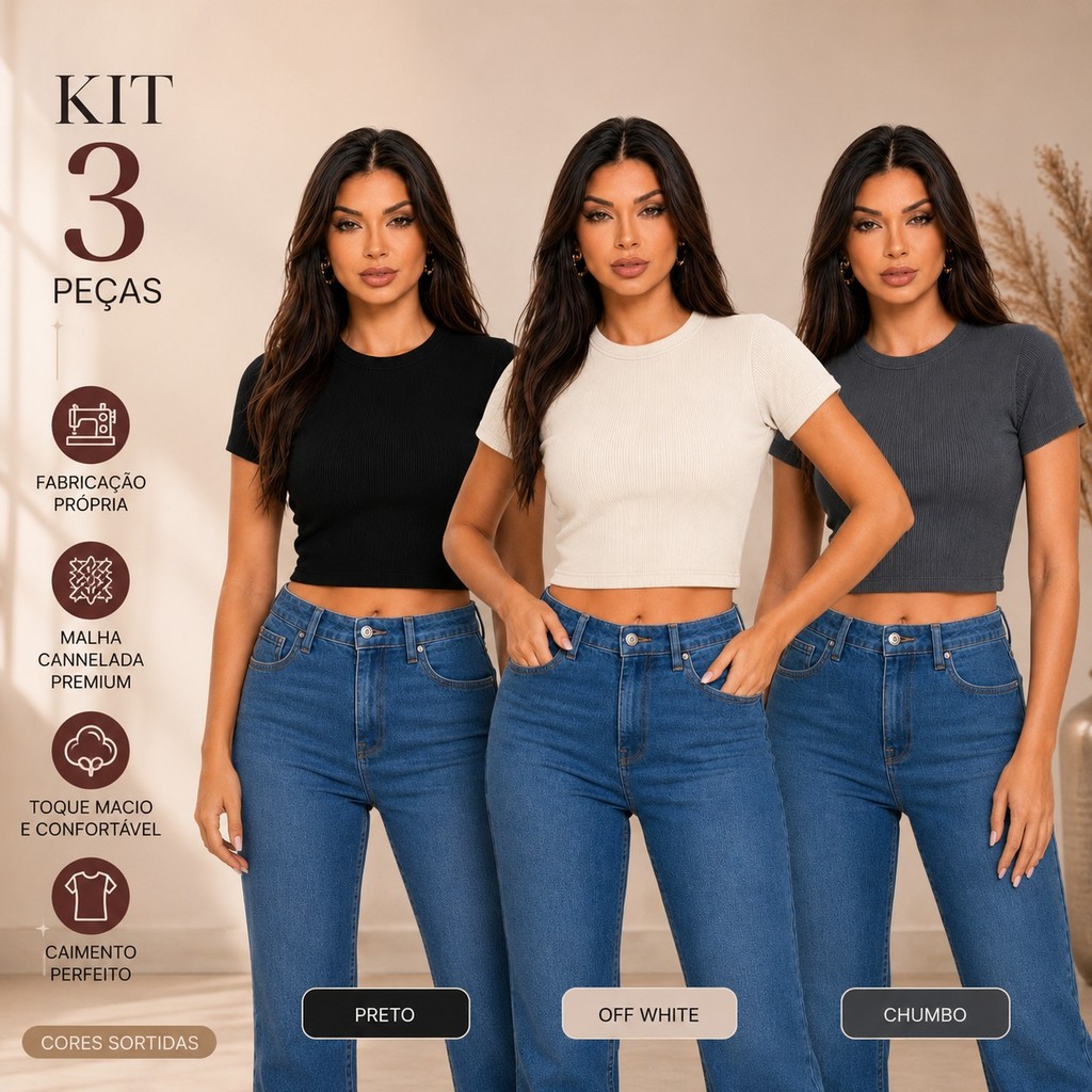 KIT 3 Blusa Cropped Feminina Ribana Canelada Algodão Manga Curta
