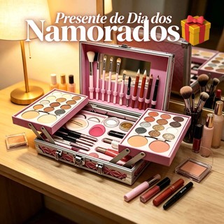 Maleta Luxo Maquiagem Completa Grande Presente Dia dos Namorados Dourado Rosa Sombras Blush Iluminador
