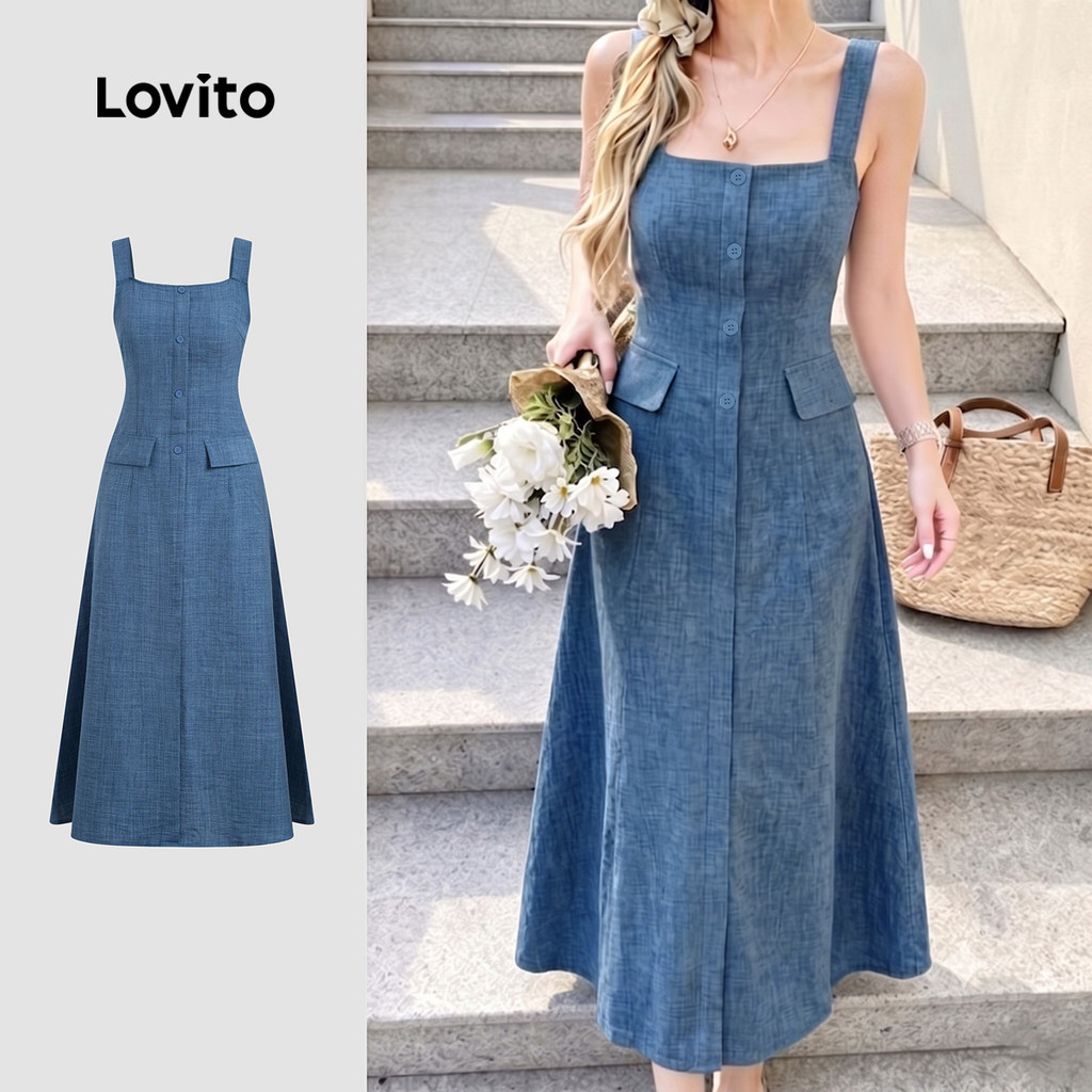 (New Arrival) Lovito Vestido Casual Amarelo com Botões e Zíper Na Frente Primave