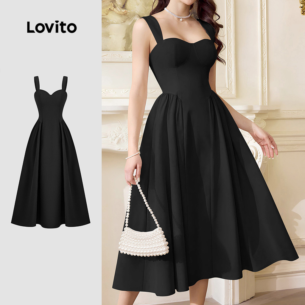 Lovito Elegante Vestido com Zíper Longo Delicado Primavera/verão Preto para Mulh