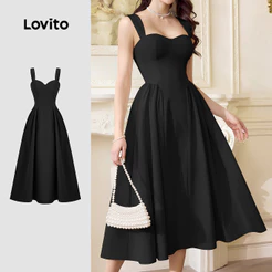 Lovito Elegante Vestido Com Zíper Longo Delicado Primavera/Verão Regata Preto Para Mulheres L154LD169