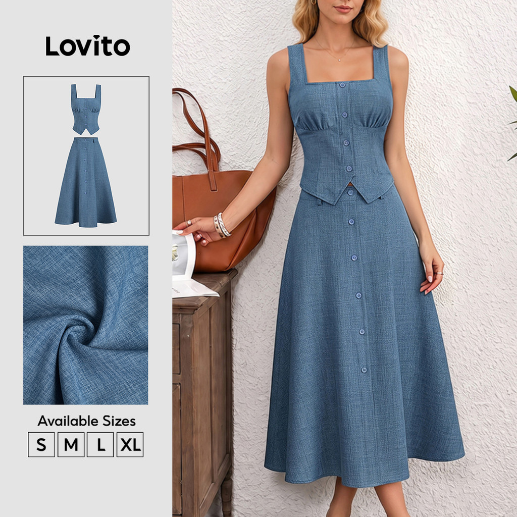 (New Arrival) Lovito Casual Tops ou Bottoms Botão Estrutura Linha Primavera/verão Saia Azul Tops ou Bottoms para mulheres KSB38BR232