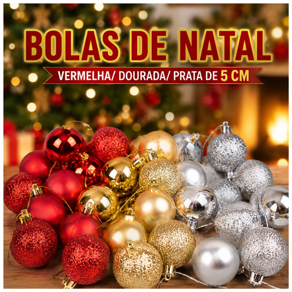 Kit 8/16/24/32 Bolas de Natal 5cm Vermelha, Dourada e Prata – Enfeites para Árvore, Decoração Natalina Premium