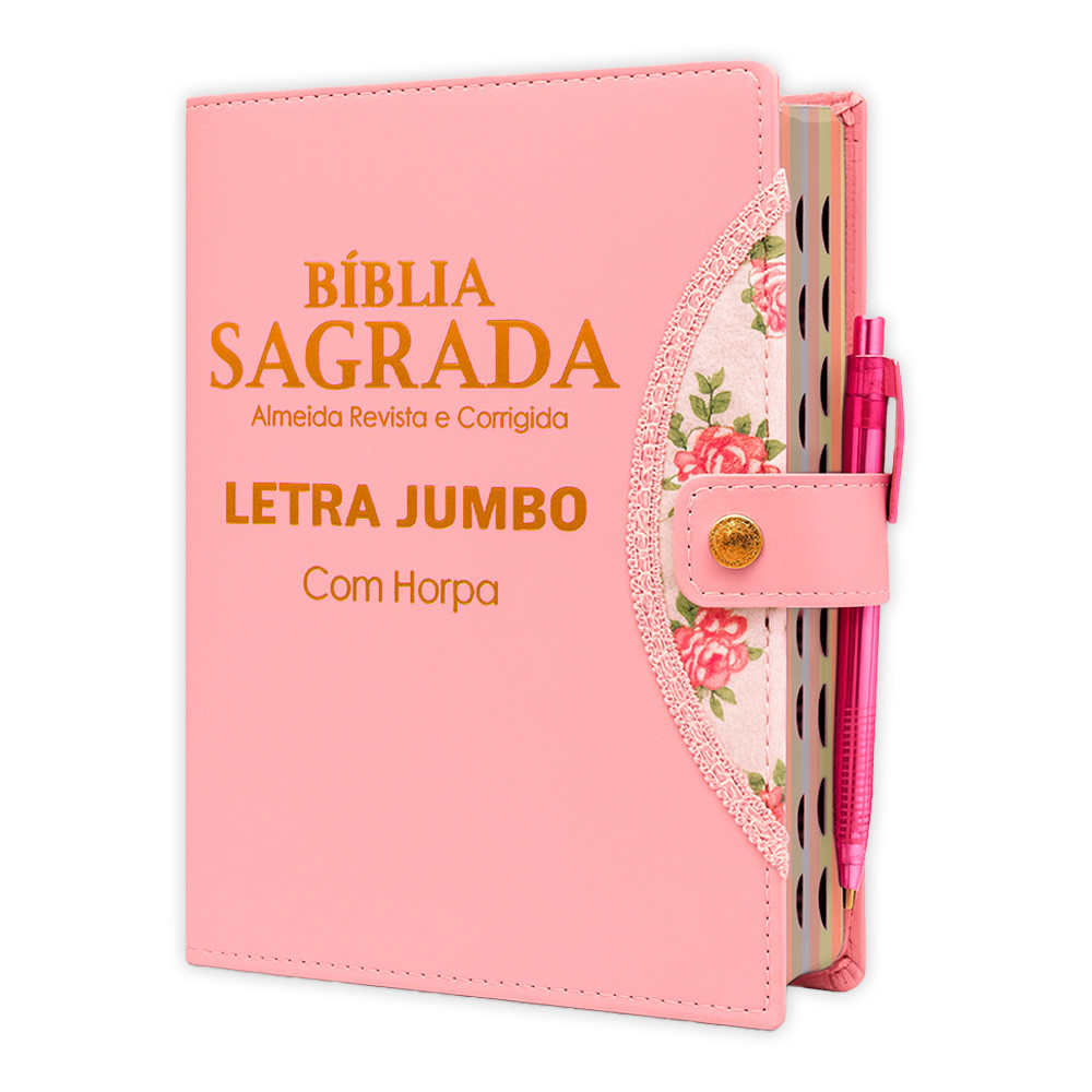Bíblia Sagrada - Jumbo Botão Rosa | ARC - João Ferreira de Almeida - Harpa e Índice por Cores