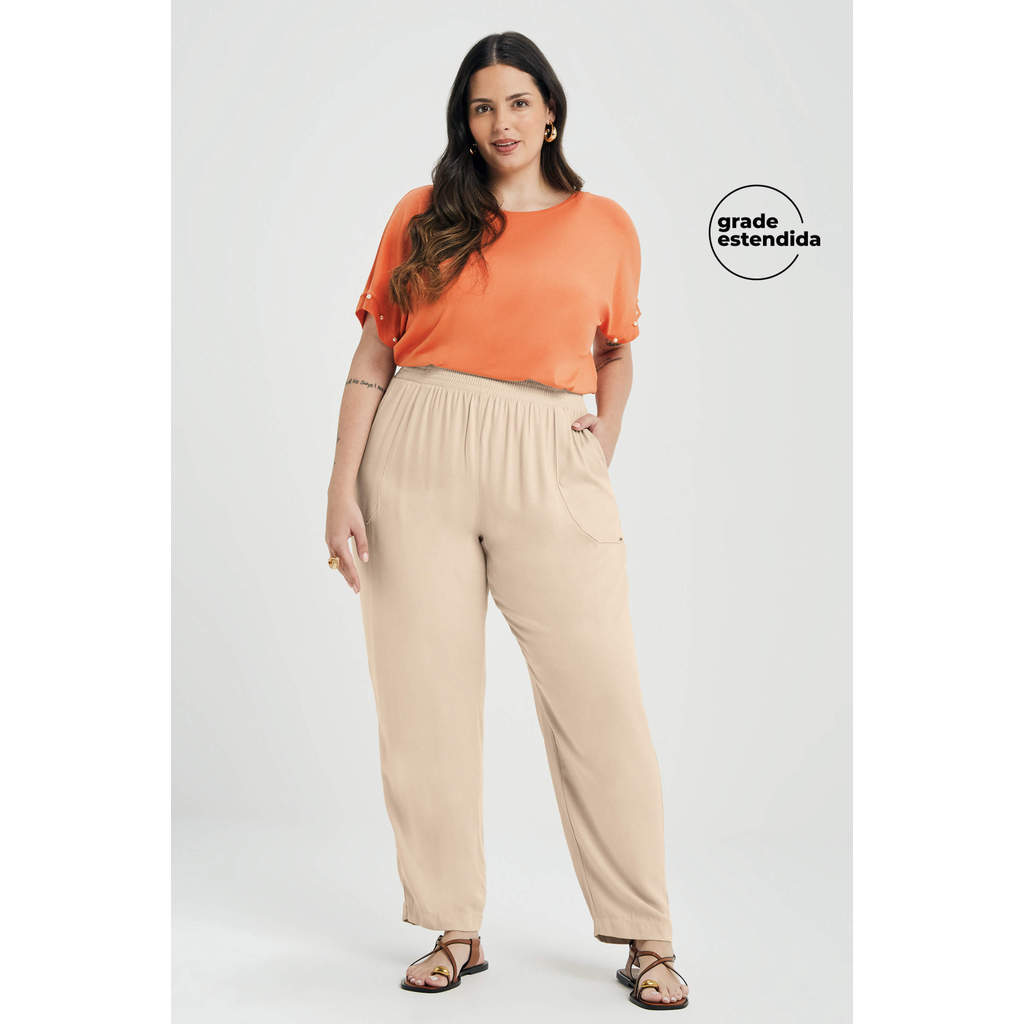 Calça Feminina Creponada Com Bolsos Marialícia Bege