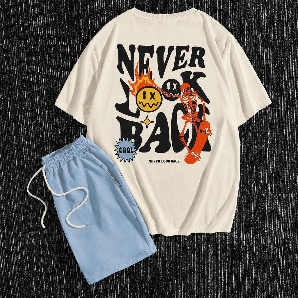 Conjunto Masculino Camiseta + Bermuda Never Look Back com Short Estilo Streetwear Casual Verão Estilo Oversized