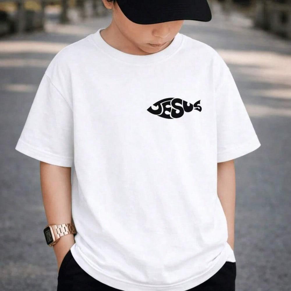 Camiseta Infantil e Juvenil Estampada Peixe Jesus 100% Algodão Premium Criança Personalizada Unissex Blusa