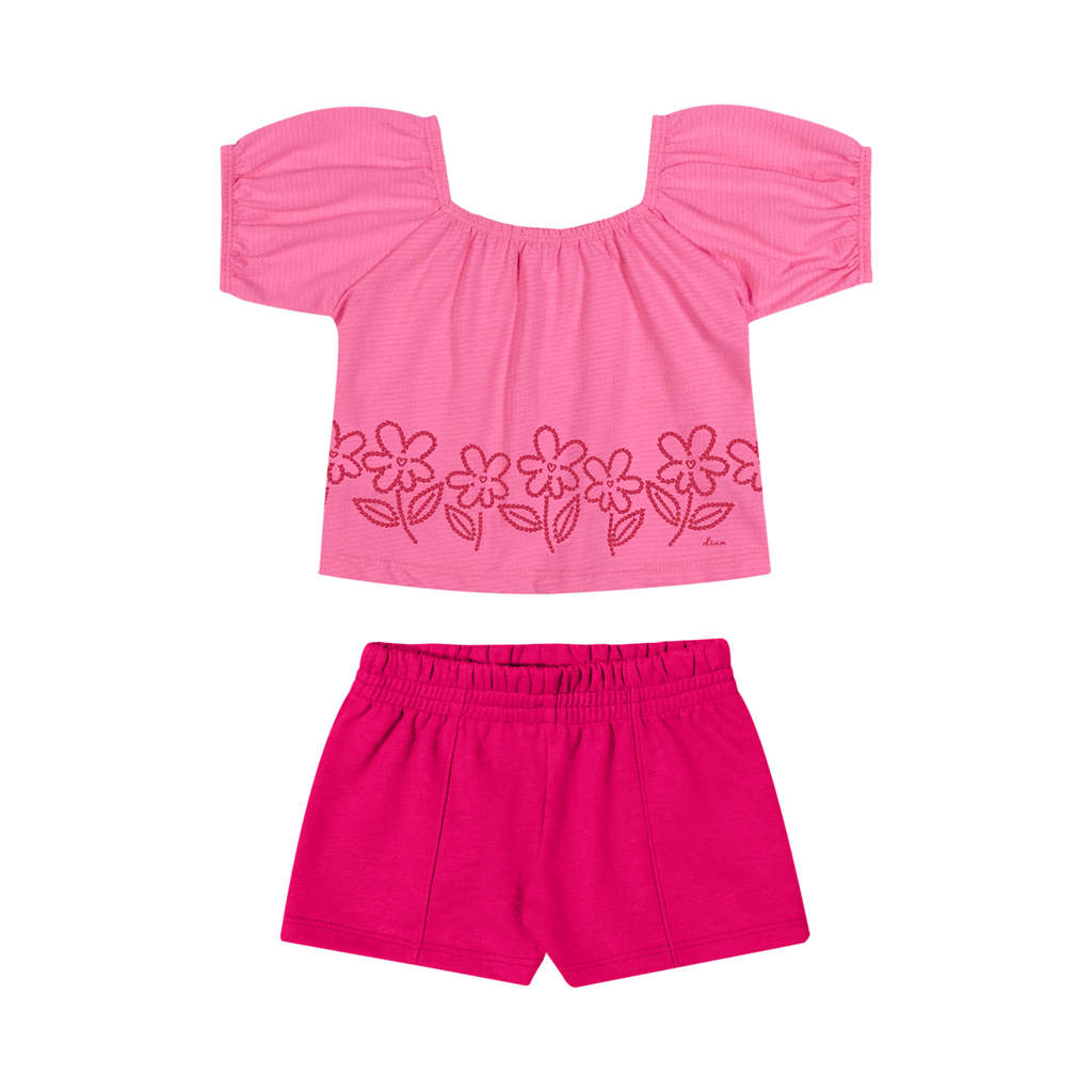 Conjunto Infantil Menina Flor em Puff Elian Rosa