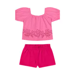 Conjunto Infantil Menina Flor em Puff Elian Rosa